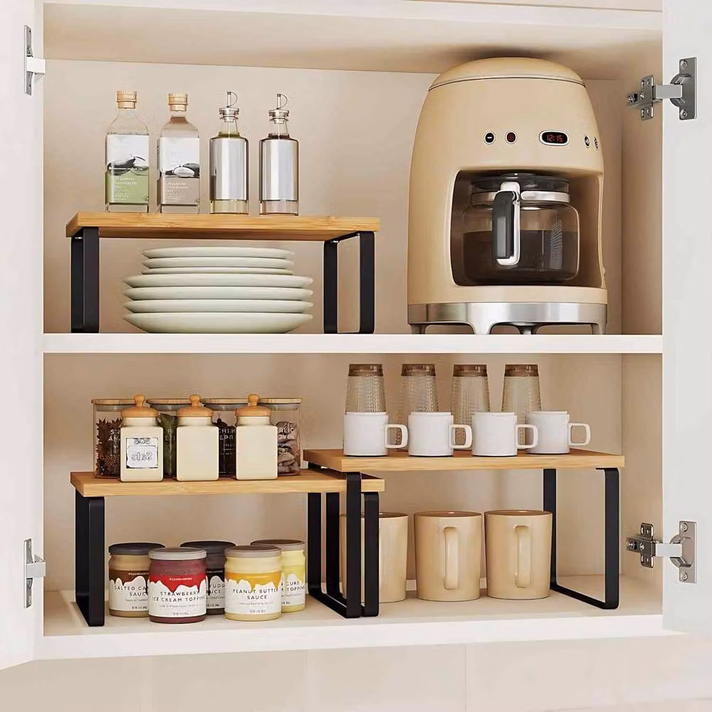 The Bazaarist Set of 3 Expandable Kitchen Storage Shelves in Black and Beige – 3
