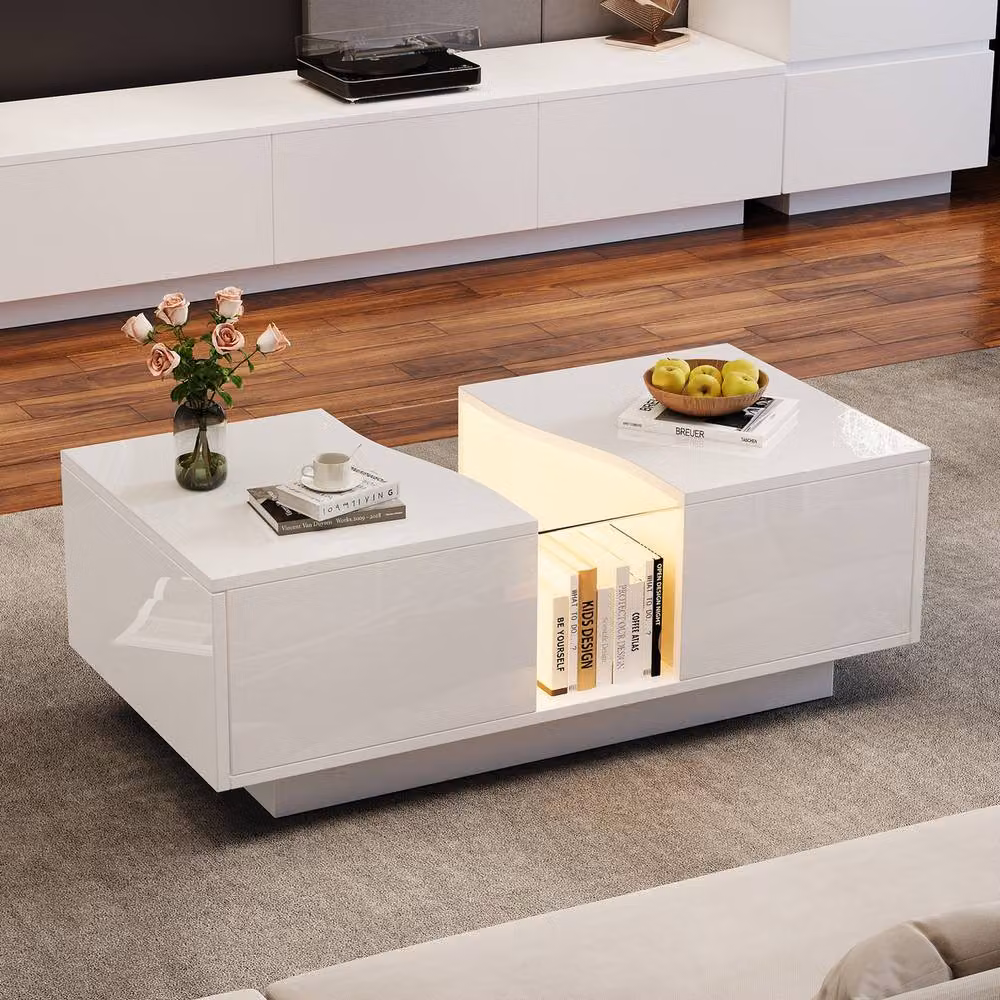 Rolipo High Gloss White LED Coffee Table with 2 Storage Drawers – 5