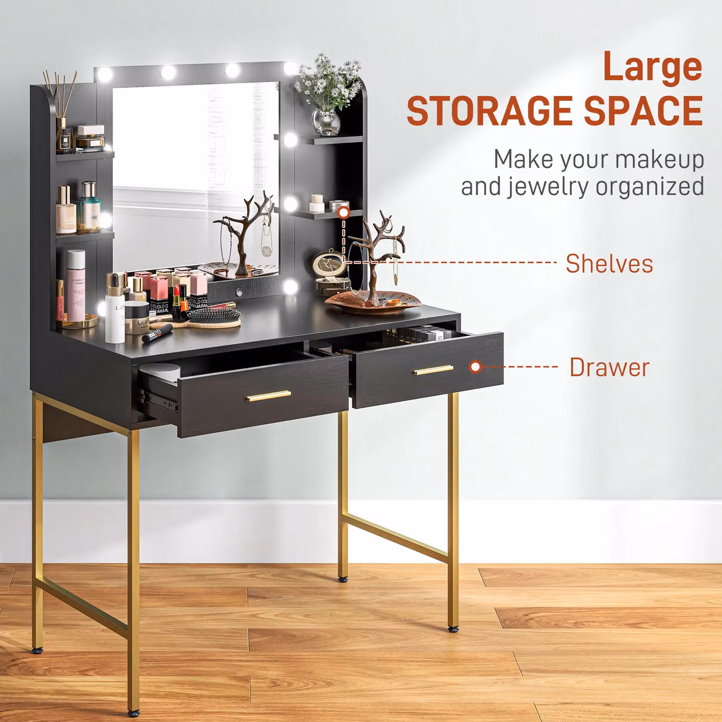 HOMCOM Makeup Vanity Desk Set with Hollywood LED Lighted Mirror, Stool and Drawers, Black, H 132.5 x W 90.0 cm – 5