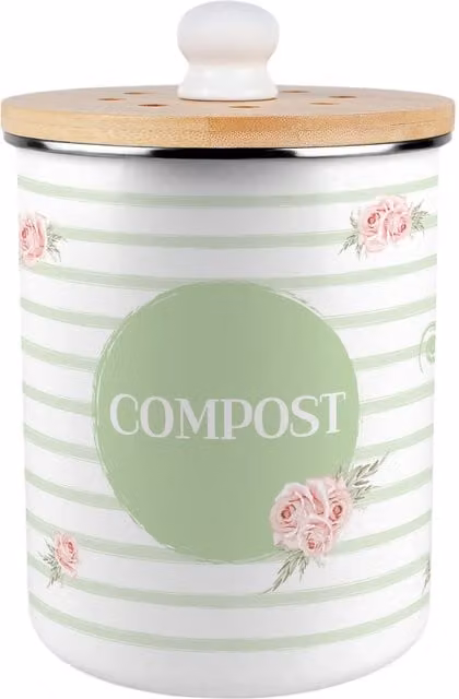 Purely Home Roses & Stripes Metal Compost Caddy with Bamboo Lid, 2L, Green, White and Pink