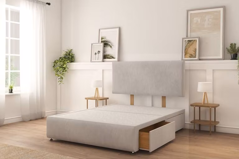 Sloomy Rutherford Naples Small Double Divan Bed Set in Silver with 2 Drawers, 26 inch Strutted Headboard and 12 inch Matching Footboard, W/D/H: 120 x 200 cm