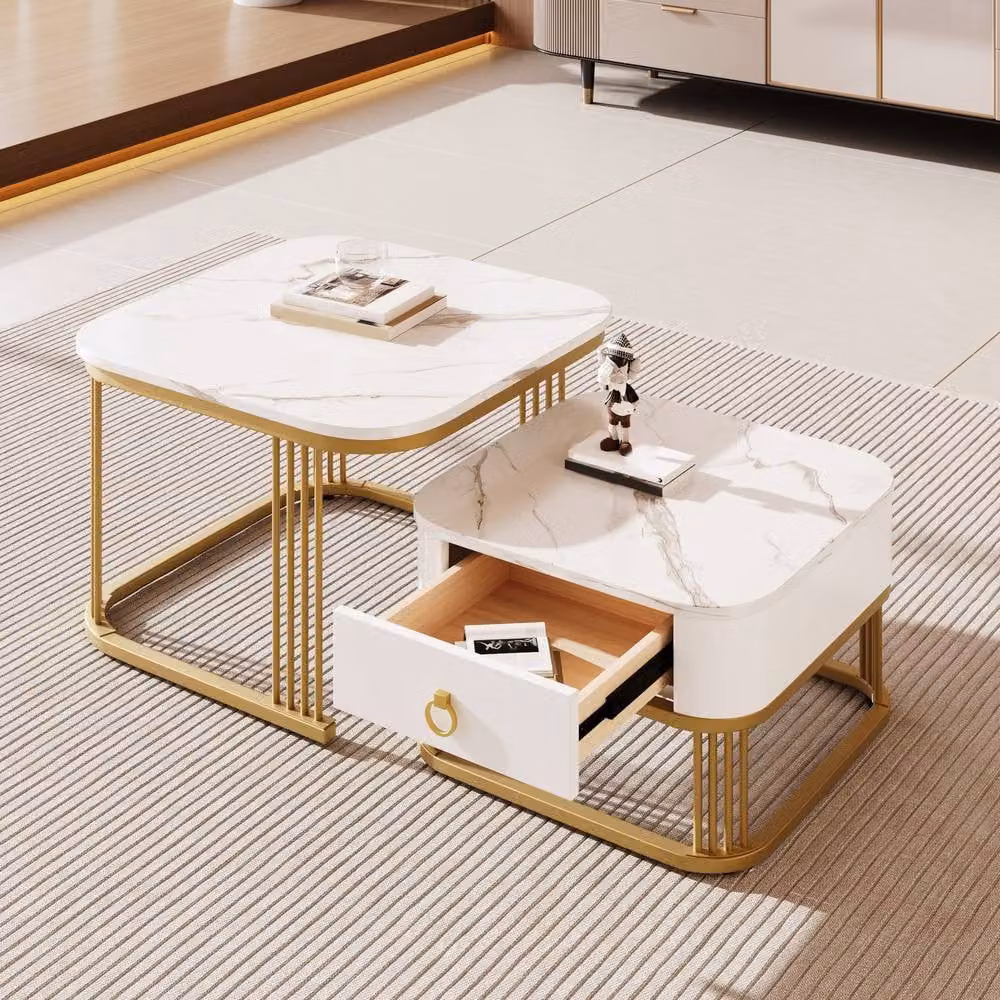 Rolipo Nesting Coffee Table Set of 2 in White and Gold with High Gloss Marble Finish – 2