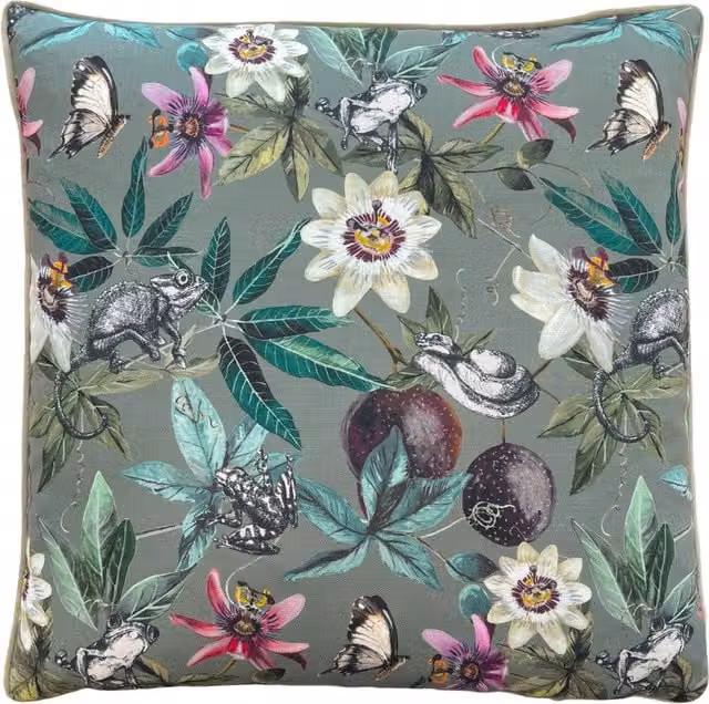 Wild Passion Creatures Digitally Printed Piped Square Cushion in Green Polyester Velvet with Removable Cover