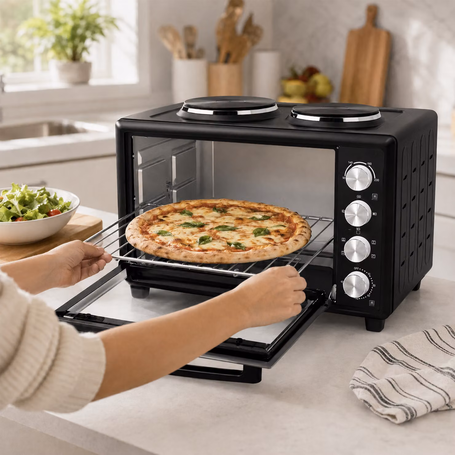 HOMCOM 46L Mini Oven with Dual Hot Plates, Black Electric Countertop Cooker with Convection, Grill and Timer, 90–230°C Adjustable Temperature – 8