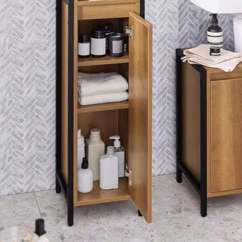 SoBuy Tall Slim Bathroom Storage Cabinet in Brown and Black, Freestanding Industrial Style Unit with Hinged Doors and Internal Shelves, W/D/H: 30 x 28 x 168 cm – 4