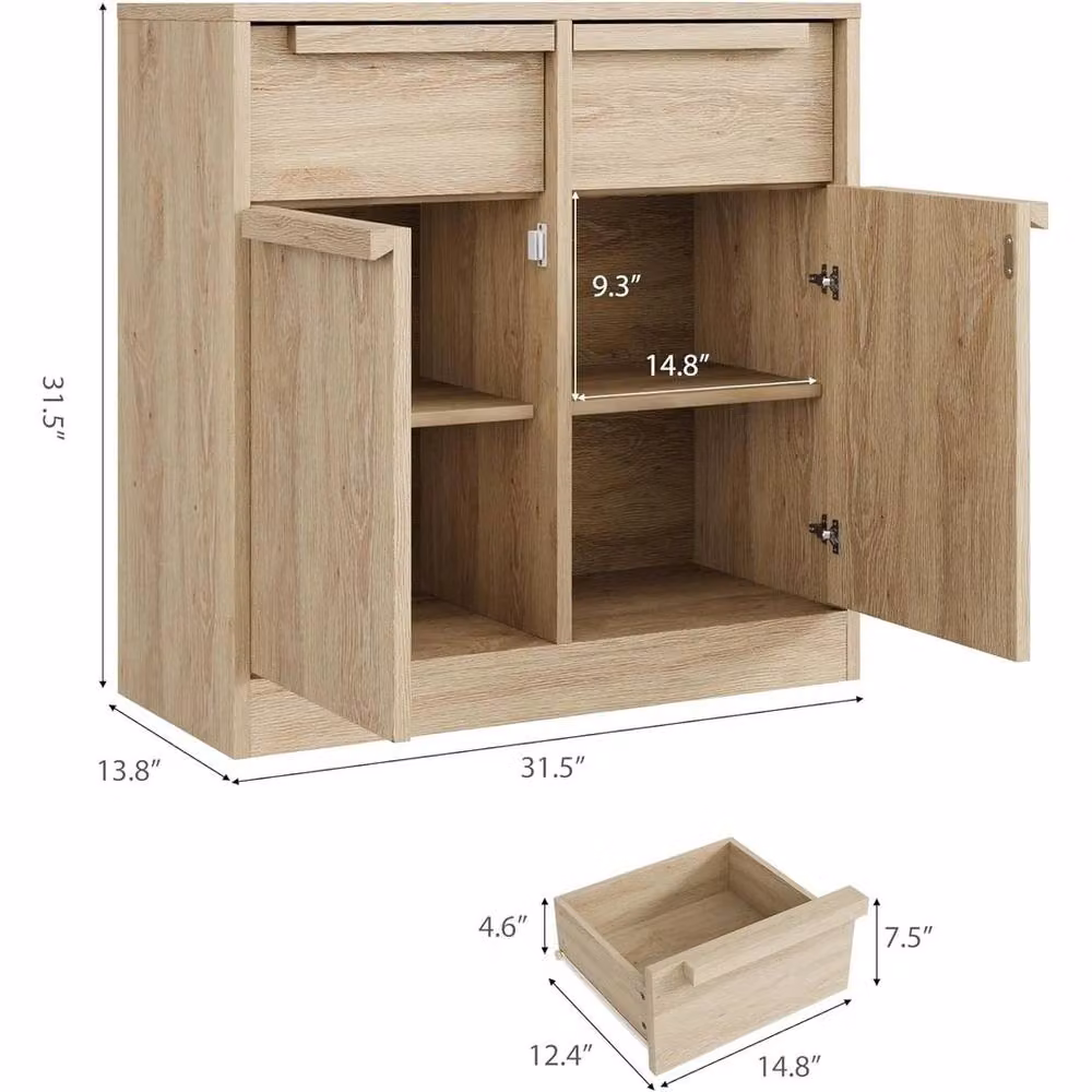 VOGREX Wooden Large Sideboard Storage Cupboard with 2 Doors and 2 Drawers in Light Oak Brown – 2
