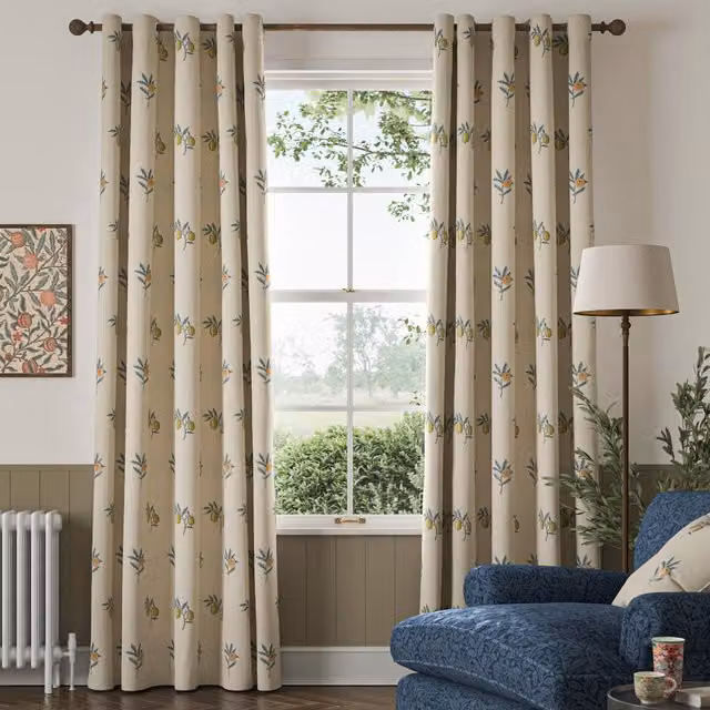 William Morris River Fruit Embroidery Made To Measure Blackout Eyelet Curtains in Blue and Beige