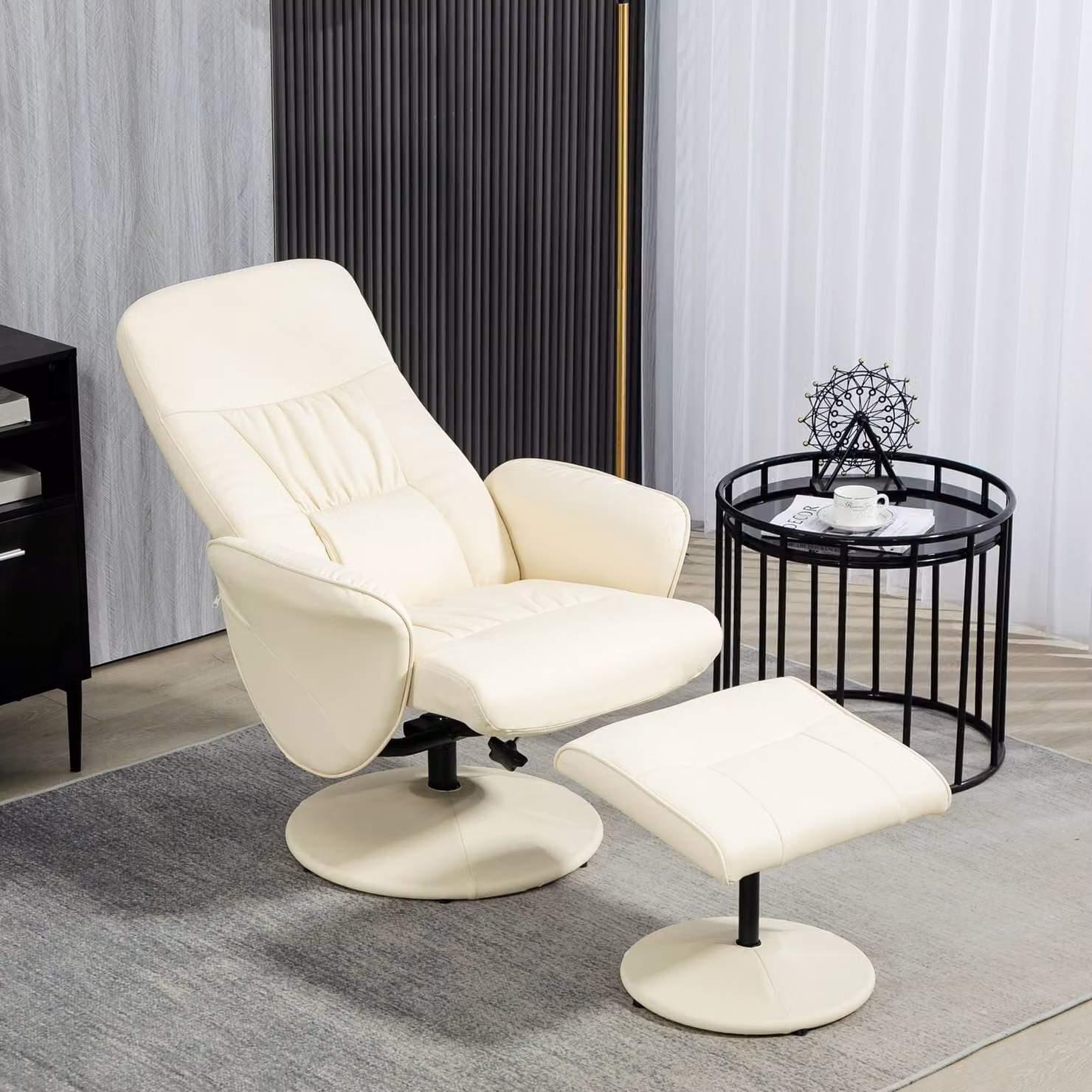 HOMCOM Swivel Recliner Chair and Ottoman Set in Cream White PU Leather – 2