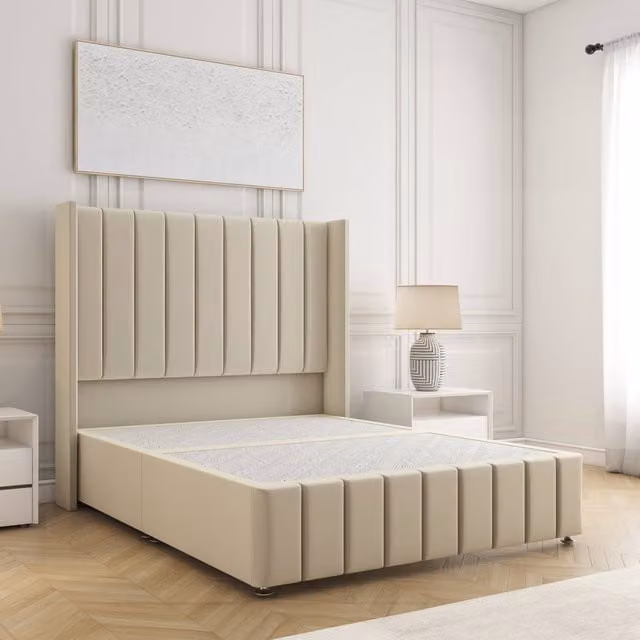 BSSPOKE Zoe Single Divan Bed with 54 inch Plush Velvet Headboard in Beige