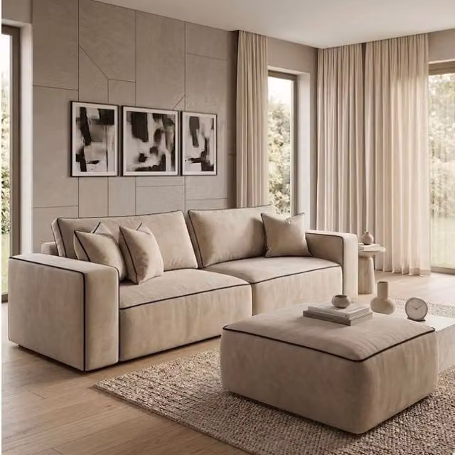Stratus Interiors Sloane 2-Tone Modular 2 Seater Sofa in Beige with Custom Contrast Piping and Velvet Fabric – 1