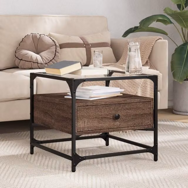 Berkfield Home Brown Oak Coffee Table with Glass Top and Steel Frame, W/D/H: 50 x 50 x 45 cm