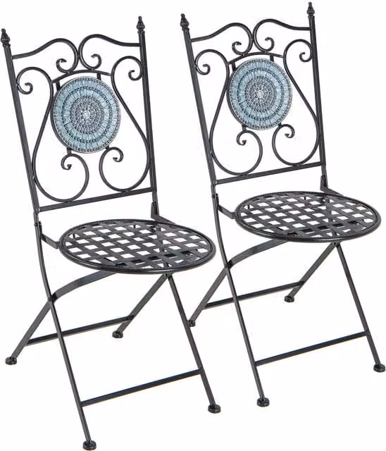 COSTWAY Set of 2 Black Mediterranean Mosaic Pattern Folding Metal Chairs with Geometric Design