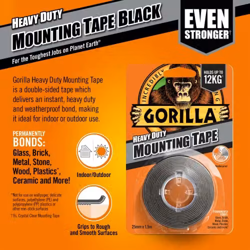 Gorilla Heavy Duty Double Sided Waterproof Mounting Tape, Black, 1.5 m – 2