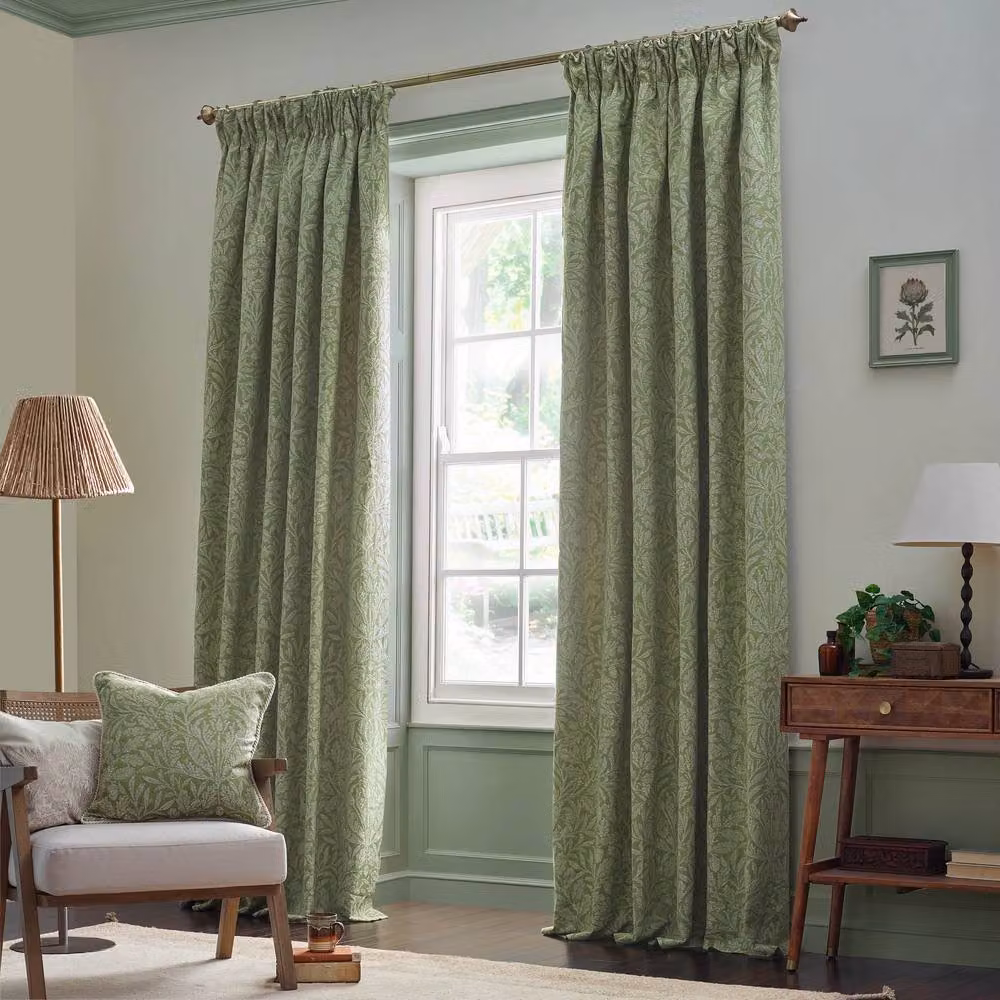 Morris & Co. Acorn Tonal Matt Jacquard Pencil Pleat Curtains in Green, Width: 229 cm, Drop: 183 cm – 2