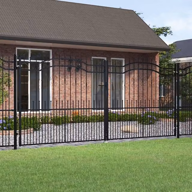 Berkfield Home Single Spear Top Fence Gate, Black Powder-coated Steel, W: 406 cm, H: 223 cm – 1
