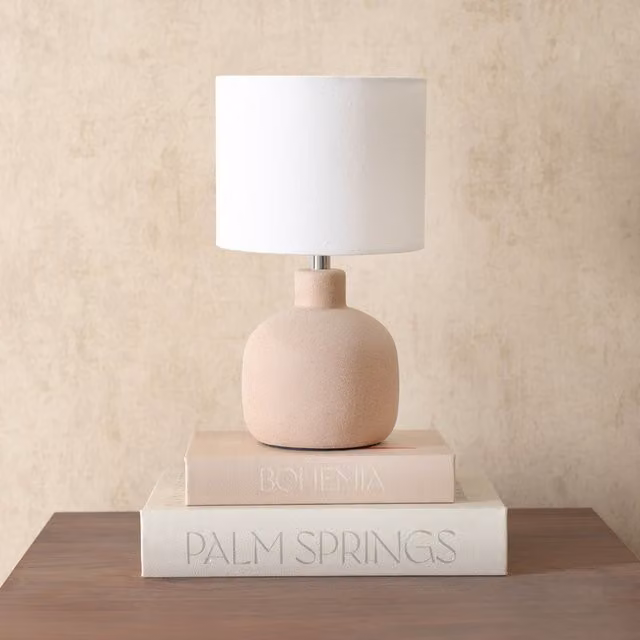 ValueLights Chelsea Sandblast Ceramic Table Lamp with Linen Drum Shade in Beige