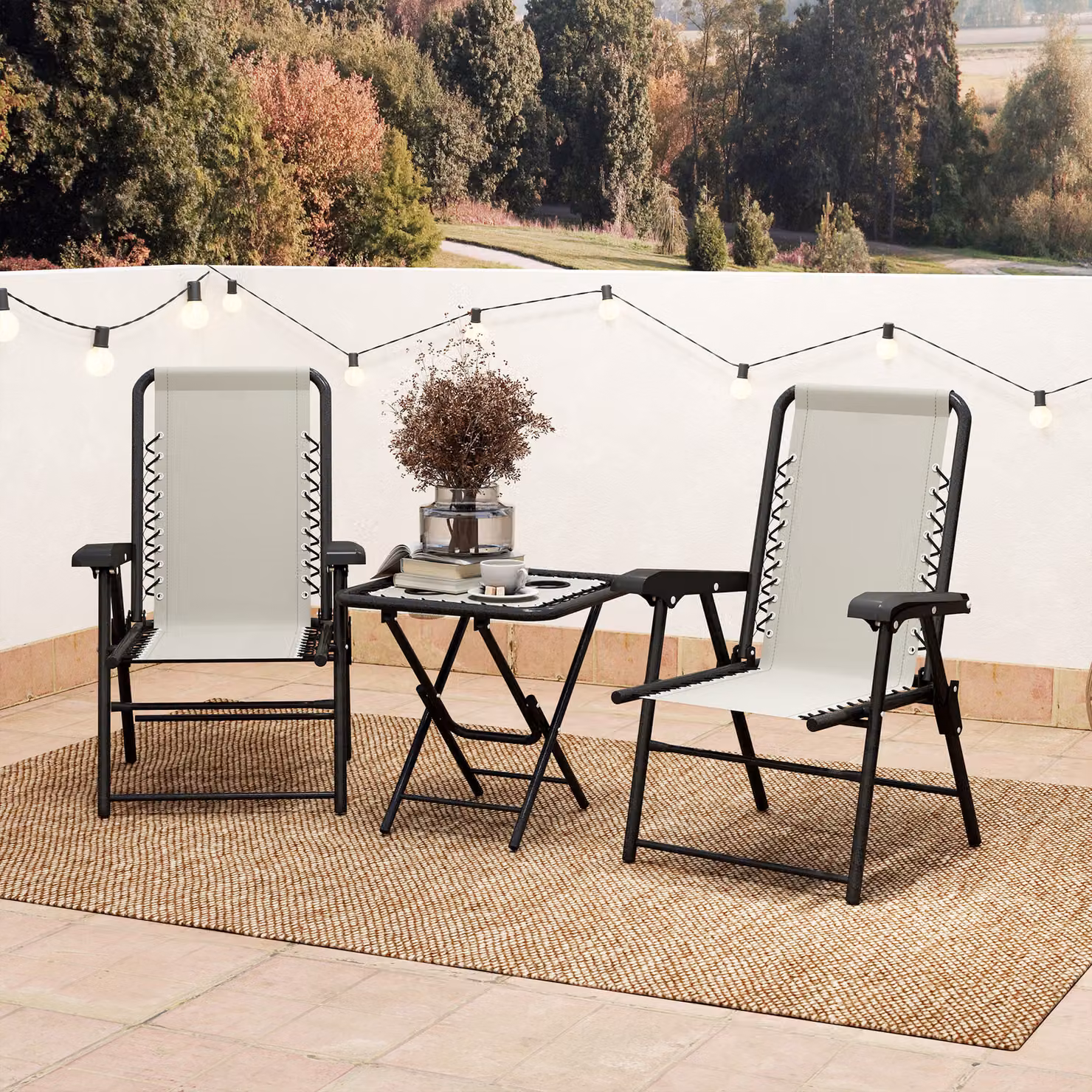 Outsunny Three-Piece Modern Garden Table and Chair Set with Glass Top in White – 9