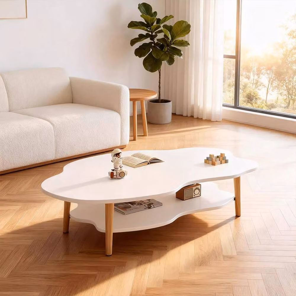 KORVIXA Modern 2-Layer Cloud Coffee Table with Storage Shelf in White, W/D/H: 50 x 40 x 40 cm – 3