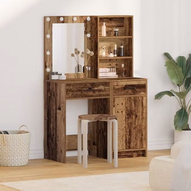 Berkfield Home 2 Piece Hollywood LED Dressing Table Set in Brown Rustic Wood Finish – 1