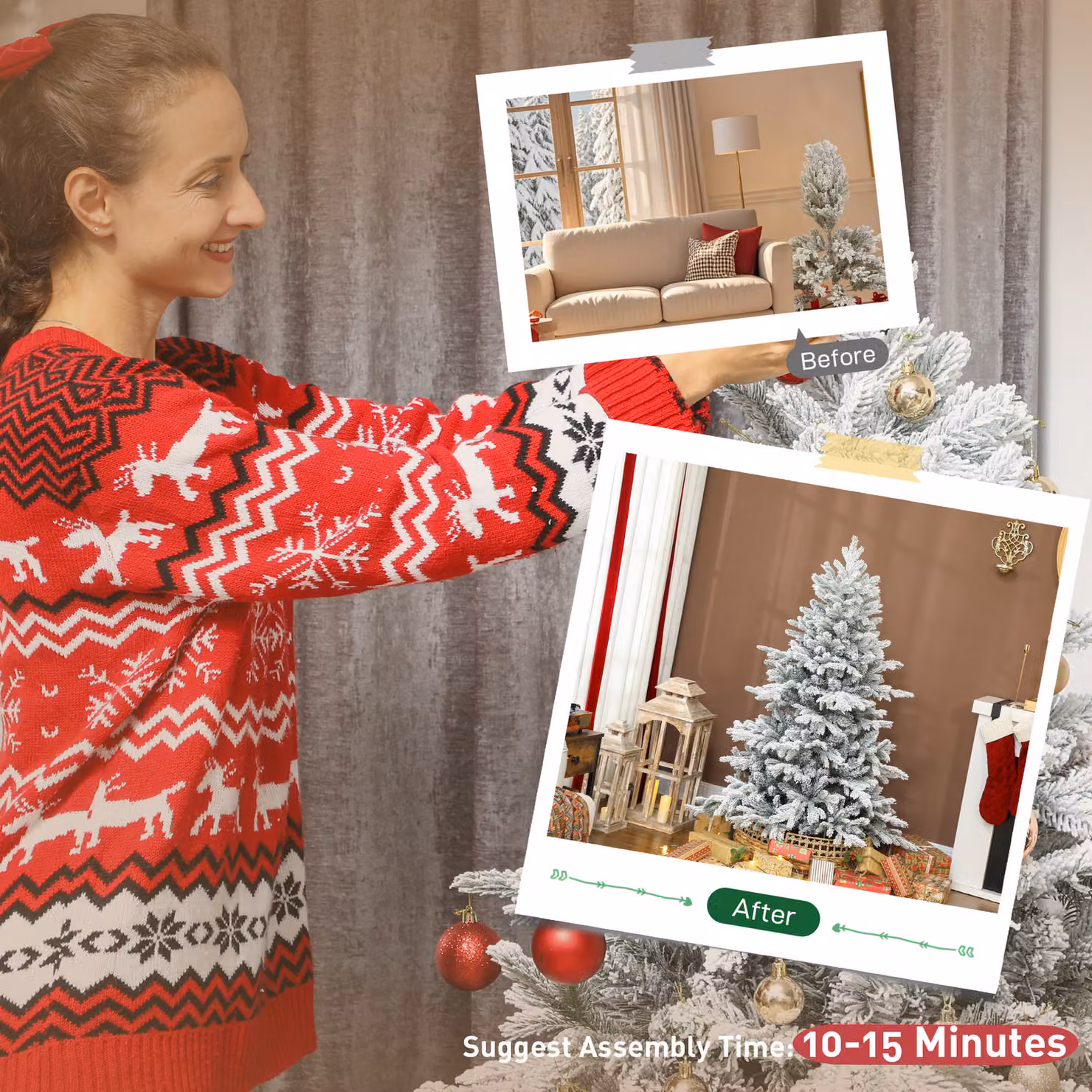 HOMCOM 5ft White Flocked Christmas Tree with Hinged Realistic Tips – 6