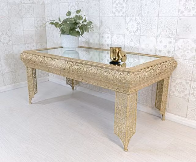 Downton Interiors Agadir Range Light Gold Embossed Metal and Mirrored Glass Coffee Table