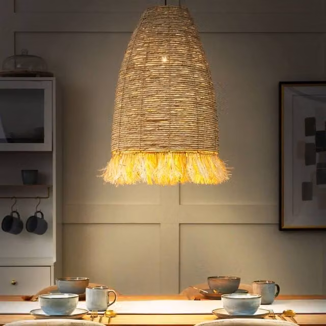 Wyld and Coco Pendant Lamp with Natural Corn Husk, Rattan and Seagrass Shade in Black and Beige