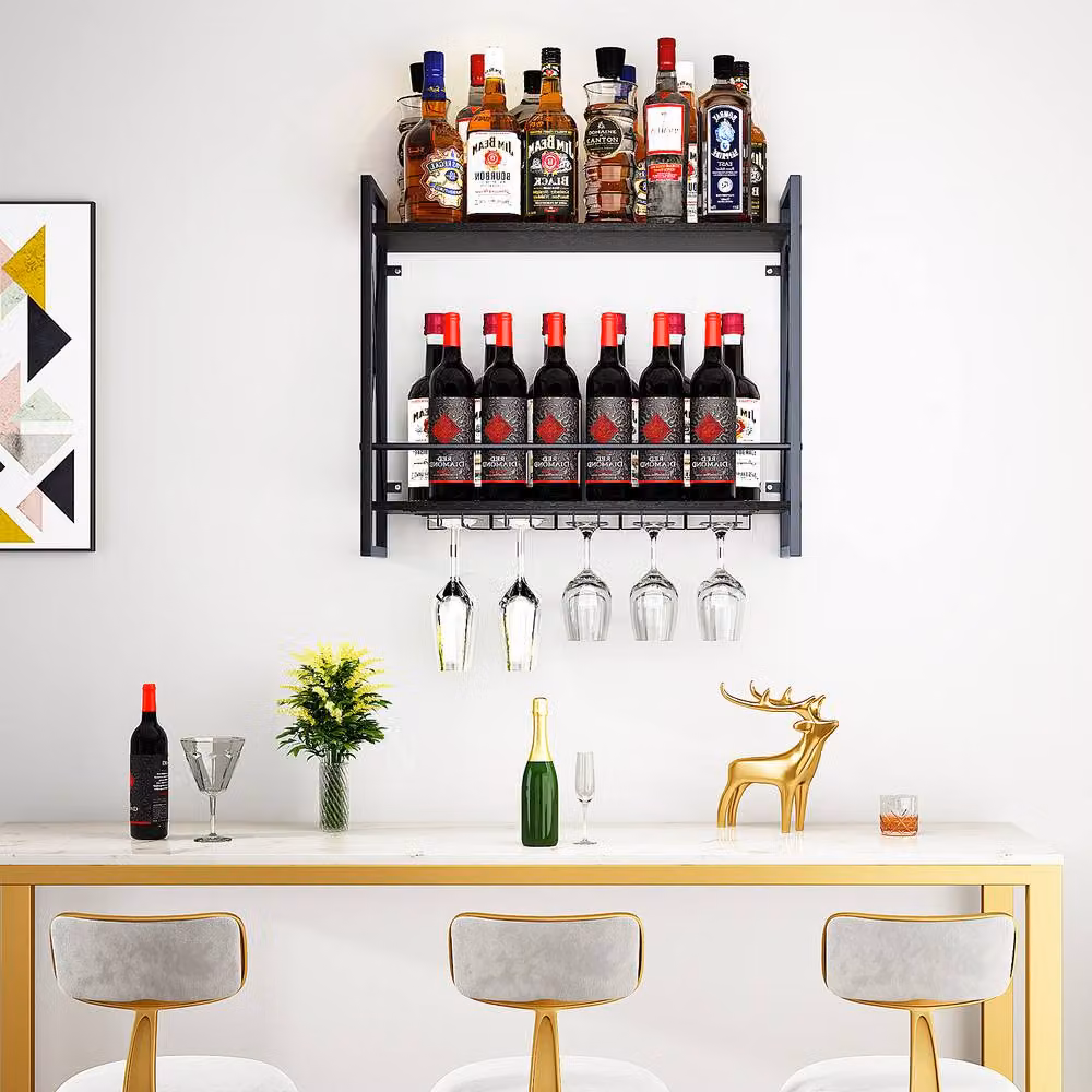 Huhote 2 Tier Wall Mounted Wine Glass Rack Holder in Matt Black – 4