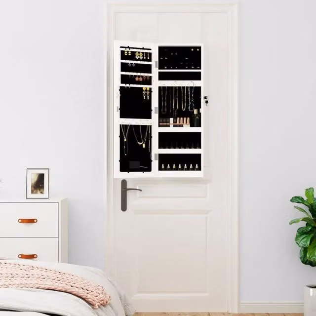 Berkfield Home Mirror Jewellery Cabinet with LED Lights, Wall Mounted, White, H 90.0 x W 31.5 x D 9.0 cm