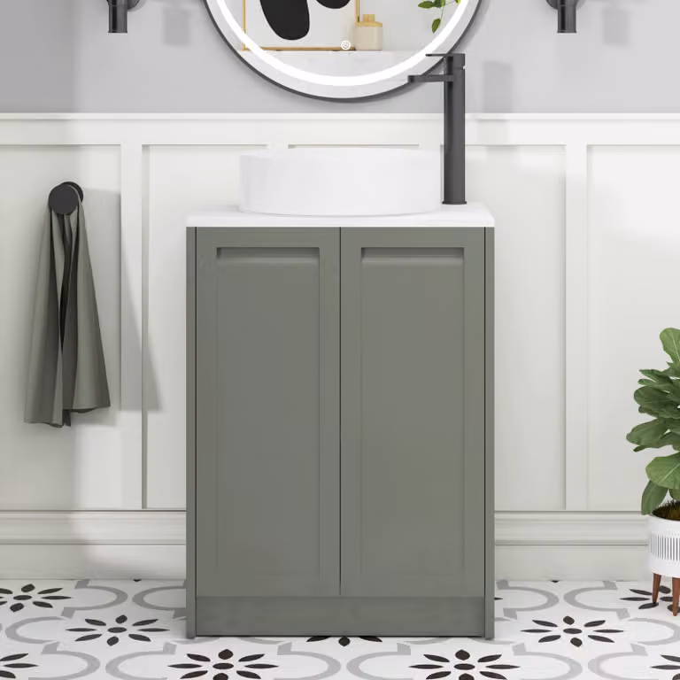Royal Bathrooms Elmore Matt Green 2 Door Floor Standing Bathroom Vanity Unit with Carrara White Worktop