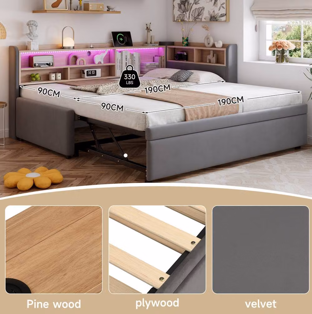 STILVORA Grey Velvet Upholstered Single Daybed with Trundle, USB Charging Port and LED Under-Bed Lighting, W/D/H: 190 x 90 x 85 cm – 4