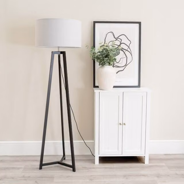 ValueLights Lottie Wood Floor Lamp with Grey Fabric Drum Shade and LED Bulb