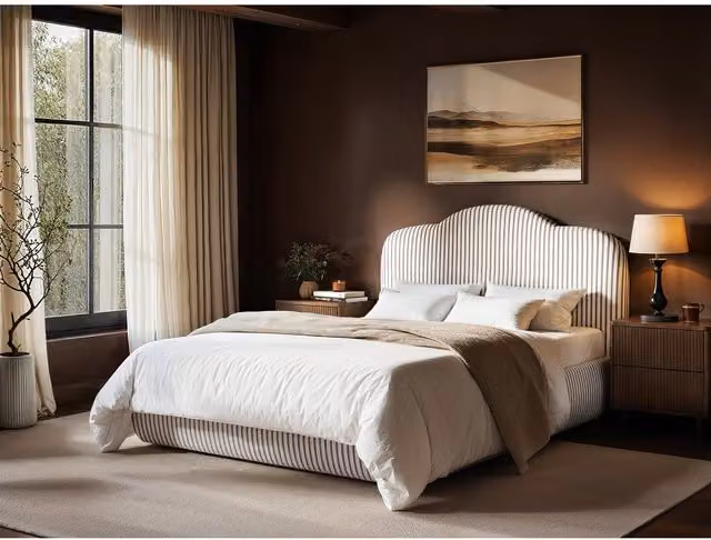 SOLACE+CO Modern Upholstered Fabric Ottoman Bed with Lift Up Base, Brown, Beige and White, W/D/H: 140 x 200 cm
