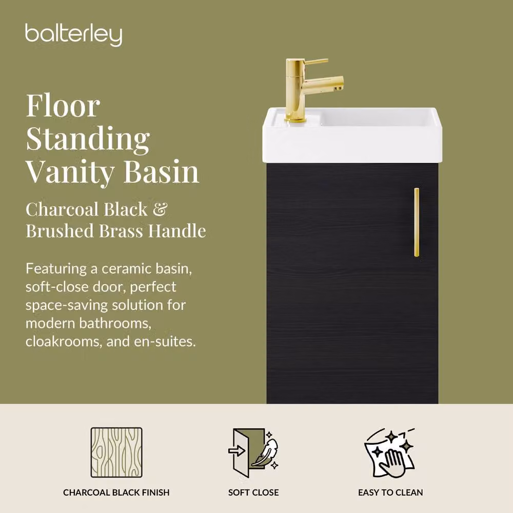 Balterley Floor Standing Vanity Basin in Black with Brushed Brass Handle, Width: 40 cm – 2