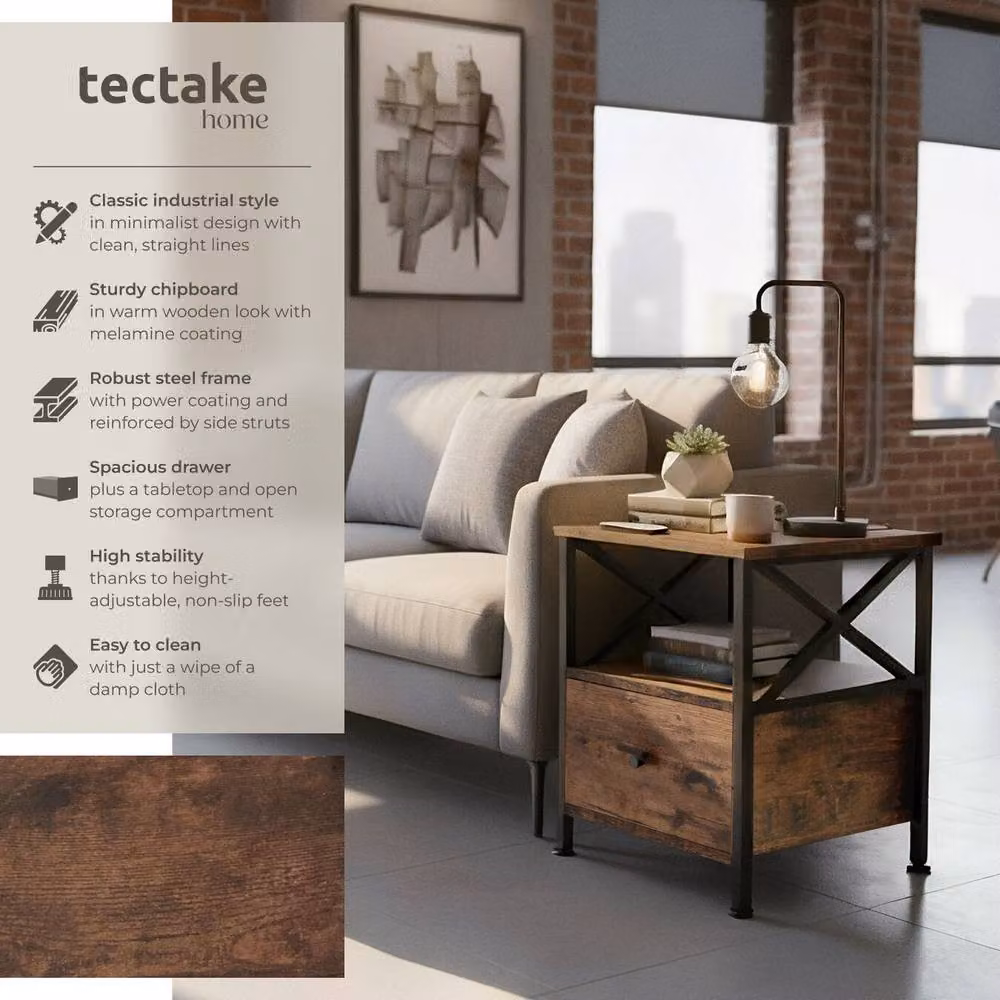 tectake Falkirk Bedside Table with 2 Shelves and 1 Drawer in Brown – 2