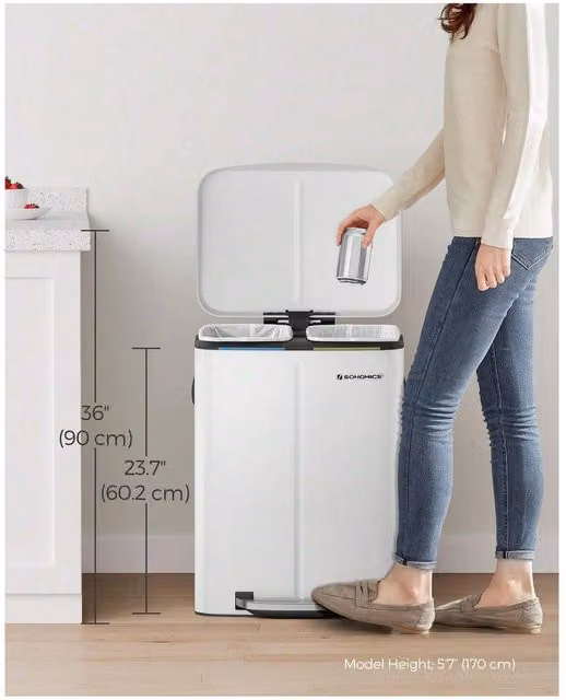 SONGMICS Dual Compartment Pedal Kitchen Bin with Soft Close, White