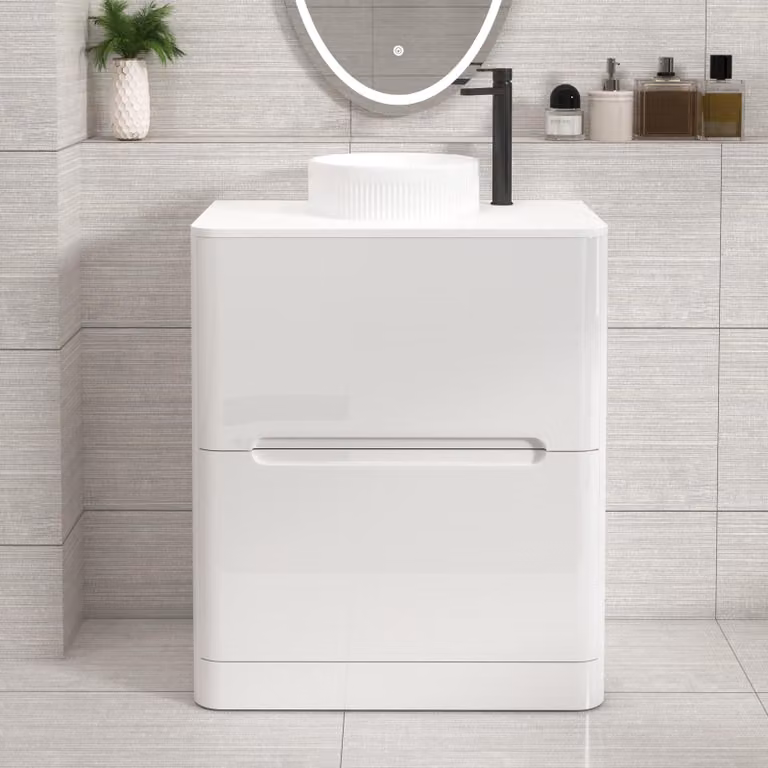 Royal Bathrooms Venice 700mm Gloss White Floor Standing Vanity Unit with 2 Drawers, Plain White Worktop and Round Basin