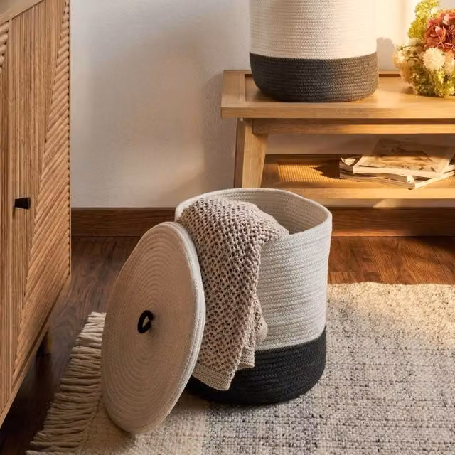 Wyld and Coco Set of 2 Boho Cotton Round Storage Bins with Grey and White Lids