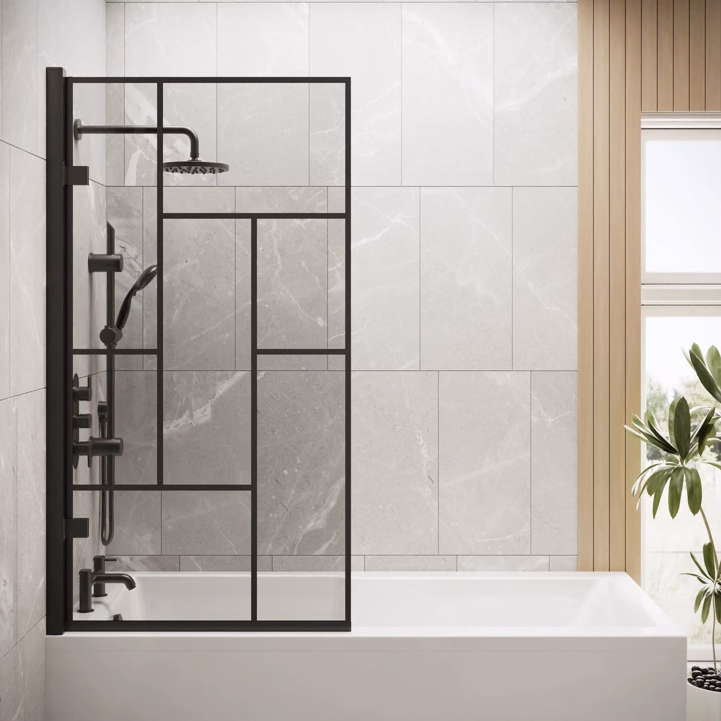 Balterley Abstract Square Reversible Hinged Bath Screen with 8mm Glass and Easy Clean Coating, Black, W: 152 cm – 2
