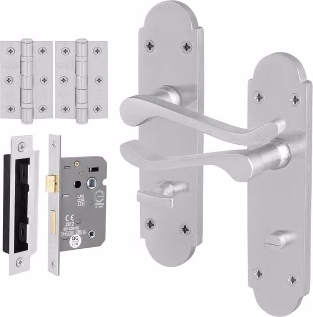AFIT Satin Chrome Bathroom Door Handle Set with Silver Hinges, W/D/H: 15.0 x 17.2 x 15.0 cm