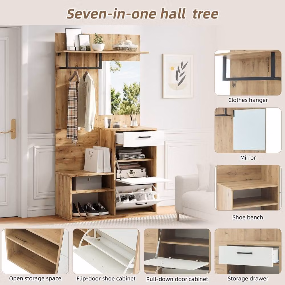 Merax Entryway Cloakroom Unit with Mirror, Coat Rack, Shoe Bench and Drawer in Natural and White, W/D/H: 120 x 38.5 x 190 cm – 4