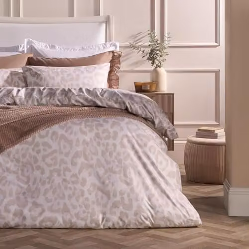 OHS Leopard Print King Size Duvet Cover Set and Pillowcases in Stone, Microfibre Polyester Bedding