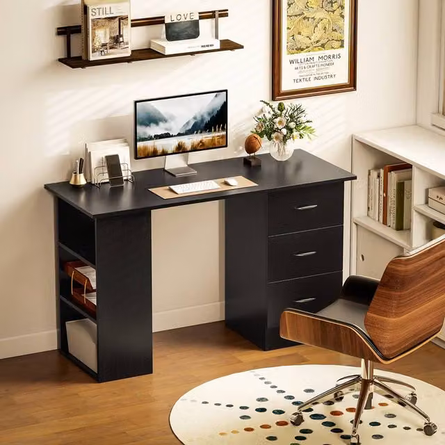 HOMCOM Black Computer Desk with Drawers and 3 Shelves, Width: 120 cm – 1