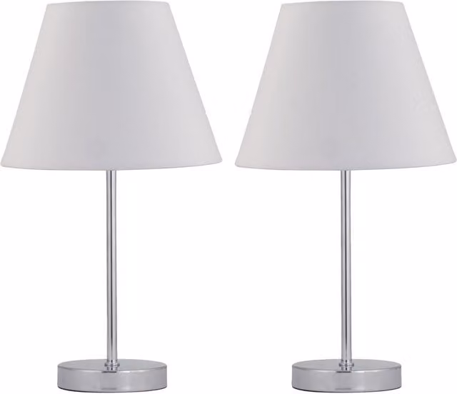 First Choice Lighting Set of 2 Chrome Stick Table Lamps with White Fabric Shades – 1