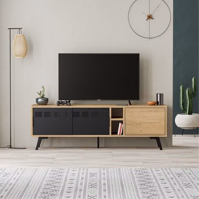 Decortie Modern Oak Wood Multimedia Centre TV Stand in Brown and Yellow