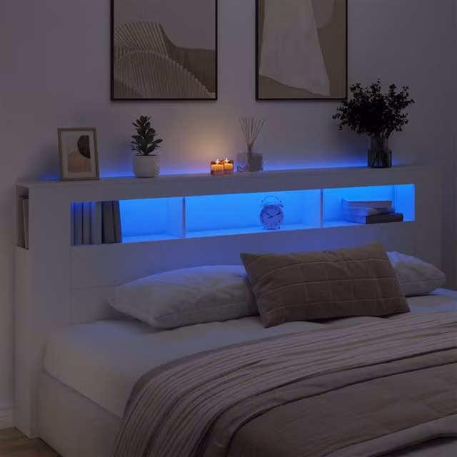 Berkfield Home White LED Headboard with Integrated Shelf and USB Charging Port, W/D/H: 220 x 18.5 x 103.5 cm