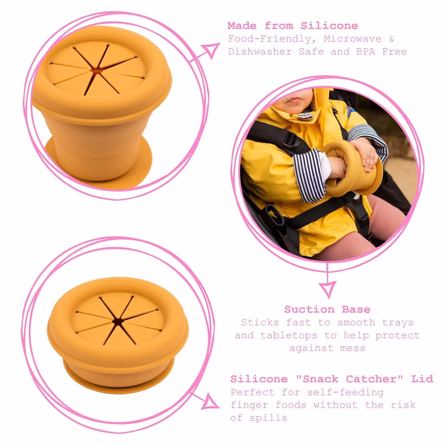 Tiny Dining Silicone Snack Pot in Pink, 330ml, with Suction Cup for Babies and Toddlers – 2