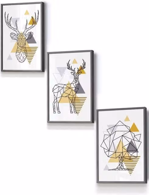ARTZE Geometric Line Art Yellow Stags and Trees Framed Wall Art Set in Dark Grey, W: 33 cm, H: 45 cm, D: 2 cm