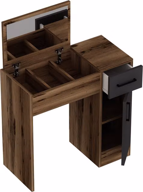 Destina Home Inci Makeup Vanity Table with Mirror, Drawer and Cabinet in Light Walnut and Anthracite