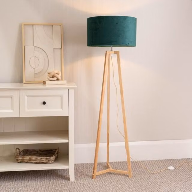 ValueLights Lottie Natural Wood Tripod Floor Lamp with Green Fabric Cylinder Shade and LED Bulb, H 158 cm x W 45 cm x D 45 cm