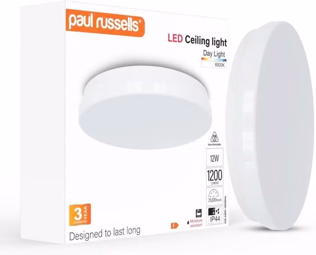 Paul Russells 12W LED Round Recessed Ceiling Downlights, White, 1200 Lumens, 6500K Daylight, IP44